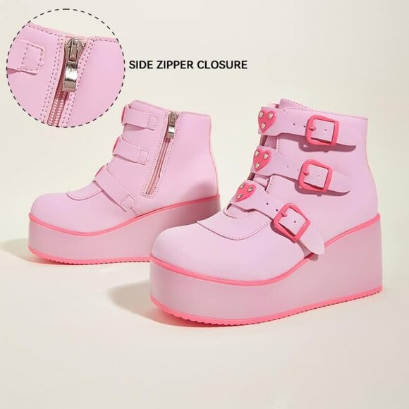 🆕 Fuchsia Chunky Platform Ankle Boots Women PU Goth Wedge Heel Rave Booties Zip - Picture 4 of 8